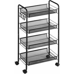 HOMCOM Chariot De Service Desserte De Cuisine à Roulettes 4 Paniers Métalliques Amovibles 4 Crochets Acier Noir - Gris