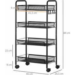 HOMCOM Chariot De Service Desserte De Cuisine à Roulettes 4 Paniers Métalliques Amovibles 4 Crochets Acier Noir - Gris -France HOMCOM Soldes 2022 70413014 3