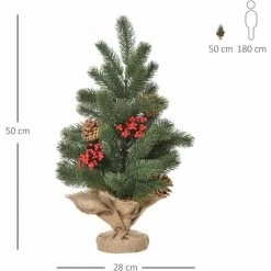 HOMCOM Sapin De Noël Artificiel De Table Bureau Ø 28 X 50H Cm - 55 Branches épines Aspect Nordmann - 4 Pommes De Pin, 4 Baies Rouges - Piètement Toile De Jute - Vert -France HOMCOM Soldes 2022 70569070 3