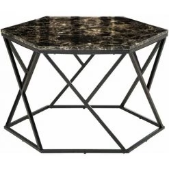 HOMCOM Table Basse Hexagonale Design Aspect Marbre Noir Dim. 81L X 70l X 51H Cm Acier MDF Noir - Noir