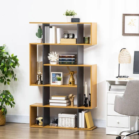 HOMCOM Bibliothèque étagère Meuble De Rangement Design Contemporain En S 13 étagères Dim. 95L X 25l X 150H Cm Aspect Bois Clair Gris - Beige 4 HOMCOM Bibliothèque étagère Meuble De Rangement Design Contemporain En S 13 étagères Dim. 95L X 25l X 150H Cm Aspect Bois Clair Gris - Beige – Image 2