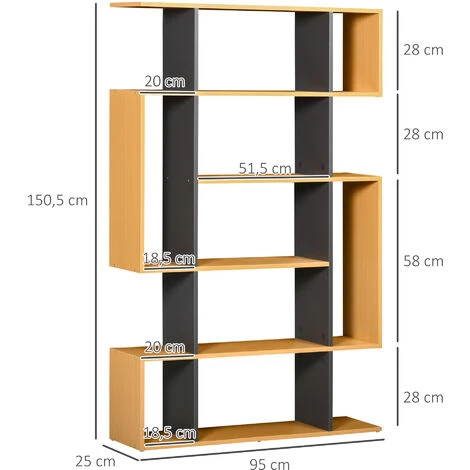 HOMCOM Bibliothèque étagère Meuble De Rangement Design Contemporain En S 13 étagères Dim. 95L X 25l X 150H Cm Aspect Bois Clair Gris - Beige 5 HOMCOM Bibliothèque étagère Meuble De Rangement Design Contemporain En S 13 étagères Dim. 95L X 25l X 150H Cm Aspect Bois Clair Gris - Beige – Image 3