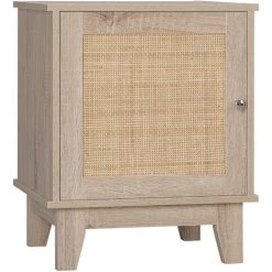 HOMCOM Table De Chevet Table De Nuit Style Bohème Chic - Placard Porte étagère Réglable - Cannage En Rotin Panneaux Aspect Chêne Clair - Beige