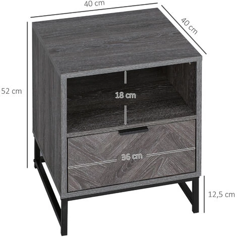 HOMCOM Chevet - Table De Nuit - Tiroir Coulissant, Niche - Piètement Métal Aspect Bois Gris - Gris 5 HOMCOM Chevet - Table De Nuit - Tiroir Coulissant, Niche - Piètement Métal Aspect Bois Gris - Gris – Image 3