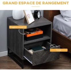HOMCOM Chevet - Table De Nuit - Tiroir Coulissant, Niche - Piètement Métal Aspect Bois Gris - Gris 11 HOMCOM Chevet - Table De Nuit - Tiroir Coulissant, Niche - Piètement Métal Aspect Bois Gris - Gris -France HOMCOM Soldes 2022 71058164 5