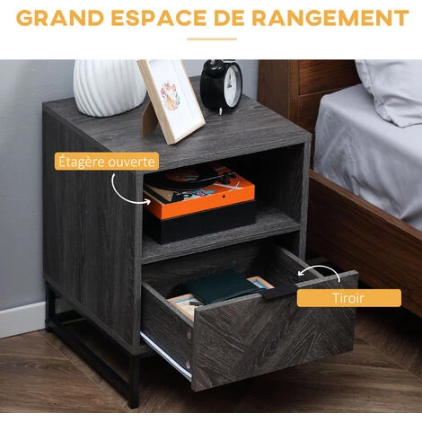HOMCOM Chevet - Table De Nuit - Tiroir Coulissant, Niche - Piètement Métal Aspect Bois Gris - Gris 7 HOMCOM Chevet - Table De Nuit - Tiroir Coulissant, Niche - Piètement Métal Aspect Bois Gris - Gris – Image 5