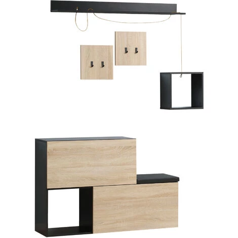 HOMCOM Ensemble De Meubles D'entrée - Organisateur D'entrée - Meuble à Chaussures Banc 2 En 1, 4 Patères, 2 étagères - Noir Aspect Chêne Clair - Beige 3 HOMCOM Ensemble De Meubles D'entrée - Organisateur D'entrée - Meuble à Chaussures Banc 2 En 1, 4 Patères, 2 étagères - Noir Aspect Chêne Clair - Beige