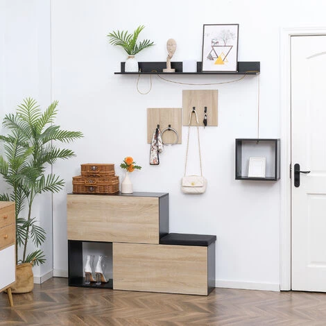 HOMCOM Ensemble De Meubles D'entrée - Organisateur D'entrée - Meuble à Chaussures Banc 2 En 1, 4 Patères, 2 étagères - Noir Aspect Chêne Clair - Beige 4 HOMCOM Ensemble De Meubles D'entrée - Organisateur D'entrée - Meuble à Chaussures Banc 2 En 1, 4 Patères, 2 étagères - Noir Aspect Chêne Clair - Beige – Image 2