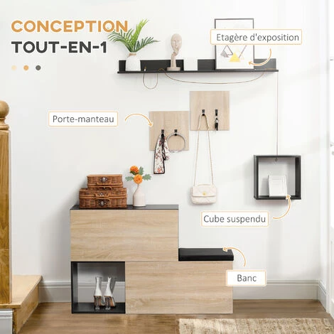 HOMCOM Ensemble De Meubles D'entrée - Organisateur D'entrée - Meuble à Chaussures Banc 2 En 1, 4 Patères, 2 étagères - Noir Aspect Chêne Clair - Beige 6 HOMCOM Ensemble De Meubles D'entrée - Organisateur D'entrée - Meuble à Chaussures Banc 2 En 1, 4 Patères, 2 étagères - Noir Aspect Chêne Clair - Beige – Image 4