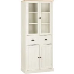 HOMCOM Armoire De Cuisine Buffet Haut 4 Portes Grand Tiroir Coulissant Dim. 76L X 40l X 182H Cm Panneaux Crème Verre - Crème