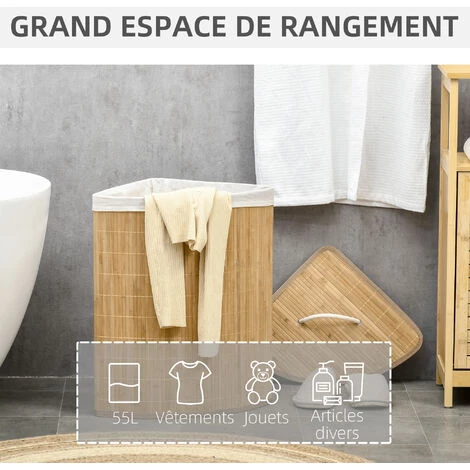 HOMCOM Panier à Linge D'angle Corbeille à Linge Bac à Linge 55 L Couvercle Sac Amovible Poignée Bambou Tissu - Beige 6 HOMCOM Panier à Linge D'angle Corbeille à Linge Bac à Linge 55 L Couvercle Sac Amovible Poignée Bambou Tissu - Beige – Image 4