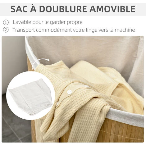 HOMCOM Panier à Linge D'angle Corbeille à Linge Bac à Linge 55 L Couvercle Sac Amovible Poignée Bambou Tissu - Beige 7 HOMCOM Panier à Linge D'angle Corbeille à Linge Bac à Linge 55 L Couvercle Sac Amovible Poignée Bambou Tissu - Beige – Image 5