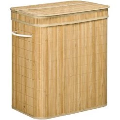 HOMCOM Panier à Linge Corbeille à Linge Bac à Linge 100 L 2 Compartiments Couvercle Sac Amovible 2 Poignées Tissu Bambou - Beige