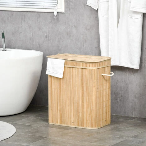 HOMCOM Panier à Linge Corbeille à Linge Bac à Linge 100 L 2 Compartiments Couvercle Sac Amovible 2 Poignées Tissu Bambou - Beige 4 HOMCOM Panier à Linge Corbeille à Linge Bac à Linge 100 L 2 Compartiments Couvercle Sac Amovible 2 Poignées Tissu Bambou - Beige – Image 2