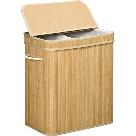 HOMCOM Panier à Linge Corbeille à Linge Bac à Linge 100 L 2 Compartiments Couvercle Sac Amovible 2 Poignées Tissu Bambou - Beige 6 HOMCOM Panier à Linge Corbeille à Linge Bac à Linge 100 L 2 Compartiments Couvercle Sac Amovible 2 Poignées Tissu Bambou - Beige – Image 4