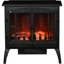 HOMCOM Cheminée électrique Poêle Style Néo-rétro 1000/2000 W LED Luminosité Réglable 2 Portes Verre Trempé Acier ABS Noir - Noir -France HOMCOM Soldes 2022 71058174 4