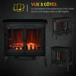 HOMCOM Cheminée électrique Poêle Style Néo-rétro 1000/2000 W LED Luminosité Réglable 2 Portes Verre Trempé Acier ABS Noir - Noir -France HOMCOM Soldes 2022 71058174 5