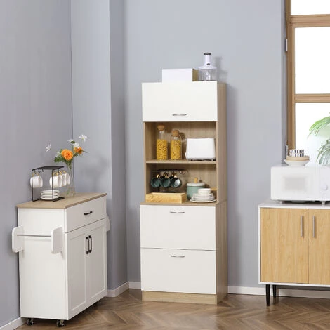 HOMCOM Buffet Haut - Armoire De Cuisine - 2 Tiroirs Coulissants, Placard Haut Porte Relevable, Niche, Plateau - Aspect Bois Clair Blanc - Blanc 6 HOMCOM Buffet Haut - Armoire De Cuisine - 2 Tiroirs Coulissants, Placard Haut Porte Relevable, Niche, Plateau - Aspect Bois Clair Blanc - Blanc – Image 4