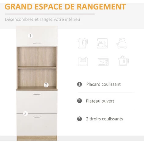 HOMCOM Buffet Haut - Armoire De Cuisine - 2 Tiroirs Coulissants, Placard Haut Porte Relevable, Niche, Plateau - Aspect Bois Clair Blanc - Blanc 7 HOMCOM Buffet Haut - Armoire De Cuisine - 2 Tiroirs Coulissants, Placard Haut Porte Relevable, Niche, Plateau - Aspect Bois Clair Blanc - Blanc – Image 5
