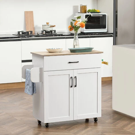 HOMCOM Desserte De Cuisine 2 Portes Avec étagère Tiroir Coulissant Porte-torchons étagère épices Blanc Aspect Chêne Clair - Blanc 4 HOMCOM Desserte De Cuisine 2 Portes Avec étagère Tiroir Coulissant Porte-torchons étagère épices Blanc Aspect Chêne Clair - Blanc – Image 2