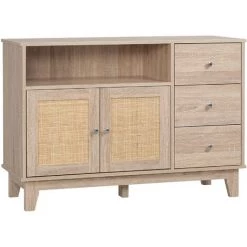 HOMCOM Buffet 2 Portes 3 Tiroirs Coulissants Niche Style Bohème Chic Cannage En Rotin Panneaux Aspect Chêne Clair - Beige