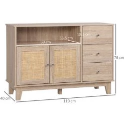HOMCOM Buffet 2 Portes 3 Tiroirs Coulissants Niche Style Bohème Chic Cannage En Rotin Panneaux Aspect Chêne Clair - Beige -France HOMCOM Soldes 2022 71059949 3