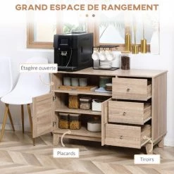 HOMCOM Buffet 2 Portes 3 Tiroirs Coulissants Niche Style Bohème Chic Cannage En Rotin Panneaux Aspect Chêne Clair - Beige -France HOMCOM Soldes 2022 71059949 4