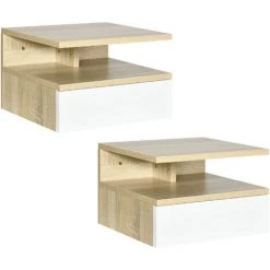 HOMCOM Lot De 2 Tables De Chevet Murales - Lot De 2 Tables De Nuit - Tiroir Coulissant, Niche Et Plateau - Panneaux Particules Blanc Aspect Chêne Clair - Beige