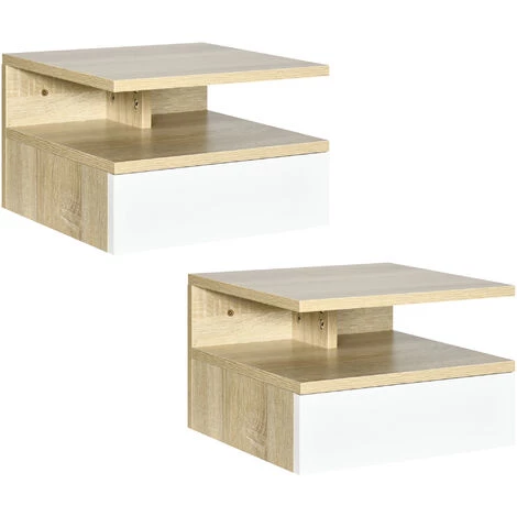 HOMCOM Lot De 2 Tables De Chevet Murales - Lot De 2 Tables De Nuit - Tiroir Coulissant, Niche Et Plateau - Panneaux Particules Blanc Aspect Chêne Clair - Beige 3 HOMCOM Lot De 2 Tables De Chevet Murales - Lot De 2 Tables De Nuit - Tiroir Coulissant, Niche Et Plateau - Panneaux Particules Blanc Aspect Chêne Clair - Beige