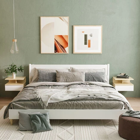 HOMCOM Lot De 2 Tables De Chevet Murales - Lot De 2 Tables De Nuit - Tiroir Coulissant, Niche Et Plateau - Panneaux Particules Blanc Aspect Chêne Clair - Beige 4 HOMCOM Lot De 2 Tables De Chevet Murales - Lot De 2 Tables De Nuit - Tiroir Coulissant, Niche Et Plateau - Panneaux Particules Blanc Aspect Chêne Clair - Beige – Image 2