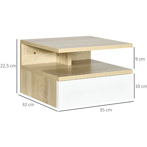 HOMCOM Lot De 2 Tables De Chevet Murales - Lot De 2 Tables De Nuit - Tiroir Coulissant, Niche Et Plateau - Panneaux Particules Blanc Aspect Chêne Clair - Beige 5 HOMCOM Lot De 2 Tables De Chevet Murales - Lot De 2 Tables De Nuit - Tiroir Coulissant, Niche Et Plateau - Panneaux Particules Blanc Aspect Chêne Clair - Beige – Image 3
