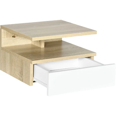 HOMCOM Lot De 2 Tables De Chevet Murales - Lot De 2 Tables De Nuit - Tiroir Coulissant, Niche Et Plateau - Panneaux Particules Blanc Aspect Chêne Clair - Beige 7 HOMCOM Lot De 2 Tables De Chevet Murales - Lot De 2 Tables De Nuit - Tiroir Coulissant, Niche Et Plateau - Panneaux Particules Blanc Aspect Chêne Clair - Beige – Image 5