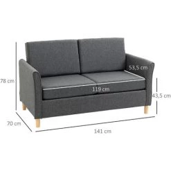 HOMCOM Canapé 2 Places Design Scandinave Dim. 141L X 70l X 78H Cm Pieds Bois Massif Tissu Lin Gris Foncé Chiné - Gris -France HOMCOM Soldes 2022 71059953 3