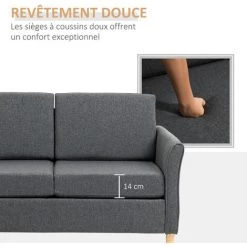 HOMCOM Canapé 2 Places Design Scandinave Dim. 141L X 70l X 78H Cm Pieds Bois Massif Tissu Lin Gris Foncé Chiné - Gris -France HOMCOM Soldes 2022 71059953 5