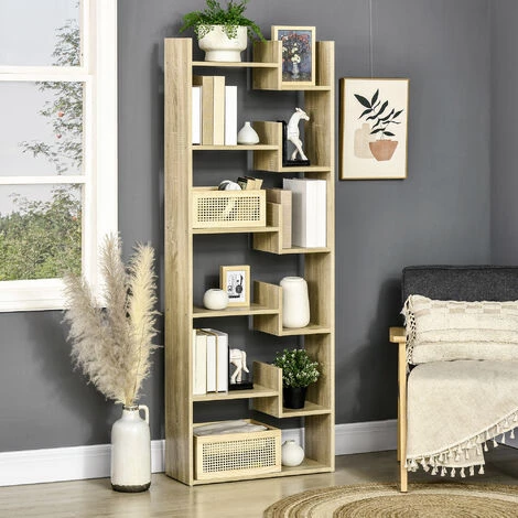 HOMCOM Bibliothèque étagère Séparation Design Contemporain En Arbre Dim. 61L X 21l X 162H Cm Panneaux MDF Aspect Chêne Clair - Beige 4 HOMCOM Bibliothèque étagère Séparation Design Contemporain En Arbre Dim. 61L X 21l X 162H Cm Panneaux MDF Aspect Chêne Clair - Beige – Image 2