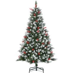 HOMCOM Sapin De Noël Artificiel Aspect Enneigé Ø 86 X 150H Cm 553 Branches Longues épines 49 Baies Rouges - Vert