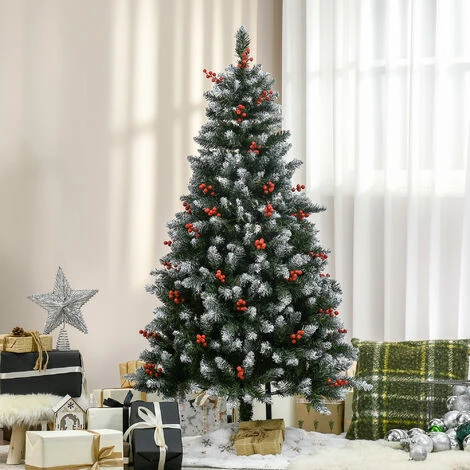 HOMCOM Sapin De Noël Artificiel Aspect Enneigé Ø 86 X 150H Cm 553 Branches Longues épines 49 Baies Rouges - Vert 4 HOMCOM Sapin De Noël Artificiel Aspect Enneigé Ø 86 X 150H Cm 553 Branches Longues épines 49 Baies Rouges - Vert – Image 2