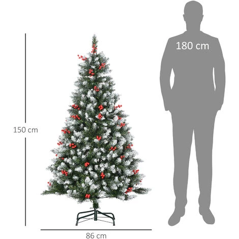 HOMCOM Sapin De Noël Artificiel Aspect Enneigé Ø 86 X 150H Cm 553 Branches Longues épines 49 Baies Rouges - Vert 5 HOMCOM Sapin De Noël Artificiel Aspect Enneigé Ø 86 X 150H Cm 553 Branches Longues épines 49 Baies Rouges - Vert – Image 3