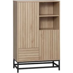 HOMCOM Buffet Haut Design Urban Craft - 2 Portes Avec étagère, 2 Niches, Tiroir - Piètement Acier Noir - MDF Aspect Bois Clair - Beige