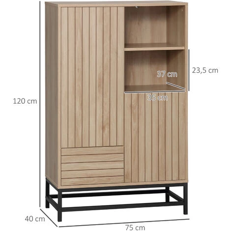 HOMCOM Buffet Haut Design Urban Craft - 2 Portes Avec étagère, 2 Niches, Tiroir - Piètement Acier Noir - MDF Aspect Bois Clair - Beige 5 HOMCOM Buffet Haut Design Urban Craft - 2 Portes Avec étagère, 2 Niches, Tiroir - Piètement Acier Noir - MDF Aspect Bois Clair - Beige – Image 3