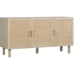 HOMCOM Buffet 3 Portes Style Bohème Chic Cannage En Rotin Panneaux Aspect Bois Clair - Beige