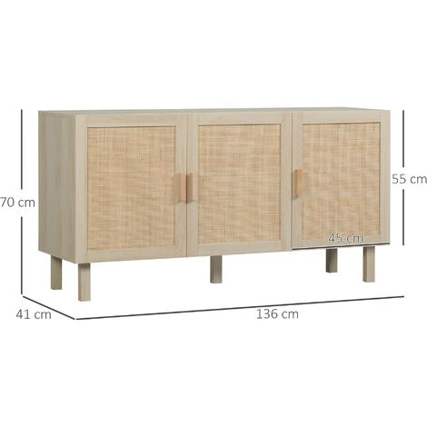 HOMCOM Buffet 3 Portes Style Bohème Chic Cannage En Rotin Panneaux Aspect Bois Clair - Beige 5 HOMCOM Buffet 3 Portes Style Bohème Chic Cannage En Rotin Panneaux Aspect Bois Clair - Beige – Image 3