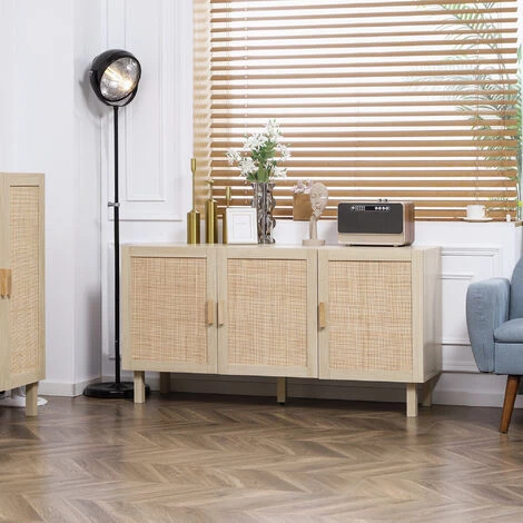 HOMCOM Buffet 3 Portes Style Bohème Chic Cannage En Rotin Panneaux Aspect Bois Clair - Beige 6 HOMCOM Buffet 3 Portes Style Bohème Chic Cannage En Rotin Panneaux Aspect Bois Clair - Beige – Image 4
