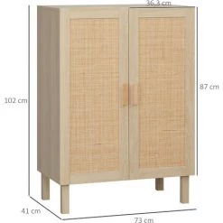HOMCOM Buffet 2 Portes 2 étagères Réglables Style Bohème Chic Cannage En Rotin Panneaux Aspect Bois Clair - Beige -France HOMCOM Soldes 2022 71059962 3