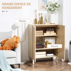HOMCOM Buffet 2 Portes 2 étagères Réglables Style Bohème Chic Cannage En Rotin Panneaux Aspect Bois Clair - Beige -France HOMCOM Soldes 2022 71059962 4