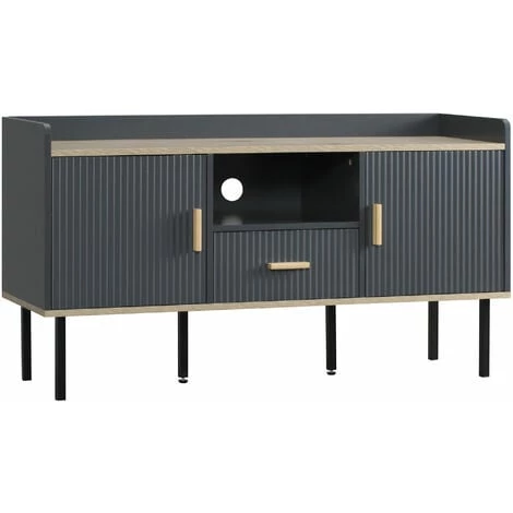 HOMCOM Meuble TV Banc TV Design Urban Craft - 2 Portes, Tiroir, Niche, Plateau Rebord - Piètement Acier - MDF Gris Aspect Chêne Clair - Gris 3 HOMCOM Meuble TV Banc TV Design Urban Craft - 2 Portes, Tiroir, Niche, Plateau Rebord - Piètement Acier - MDF Gris Aspect Chêne Clair - Gris