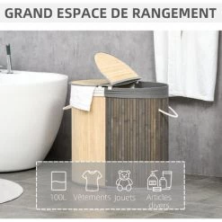HOMCOM Panier à Linge Corbeille à Linge Bac à Linge 100 L 2 Compartiments Couvercle Sac Amovible 2 Poignées Tissu Bambou - Beige -France HOMCOM Soldes 2022 71059964 5