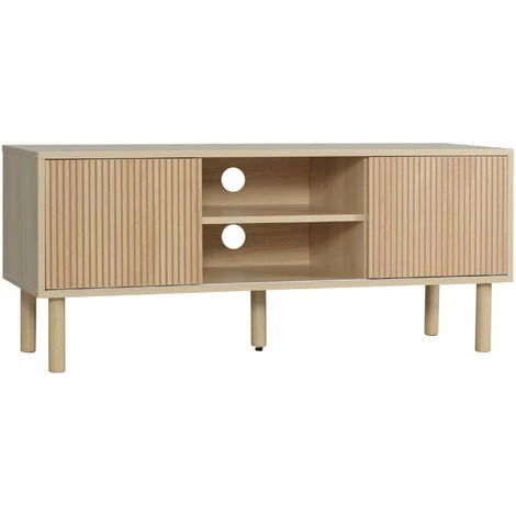 HOMCOM Meuble TV Banc TV Design Urban Craft - 2 Portes Coulissantes, 2 Niches - Piètement Cylindrique - Panneaux Particules Aspect Bois Clair - Beige 3 HOMCOM Meuble TV Banc TV Design Urban Craft - 2 Portes Coulissantes, 2 Niches - Piètement Cylindrique - Panneaux Particules Aspect Bois Clair - Beige