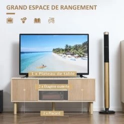 HOMCOM Meuble TV Banc TV Design Urban Craft - 2 Portes Coulissantes, 2 Niches - Piètement Cylindrique - Panneaux Particules Aspect Bois Clair - Beige 10 HOMCOM Meuble TV Banc TV Design Urban Craft - 2 Portes Coulissantes, 2 Niches - Piètement Cylindrique - Panneaux Particules Aspect Bois Clair - Beige -France HOMCOM Soldes 2022 71059965 4