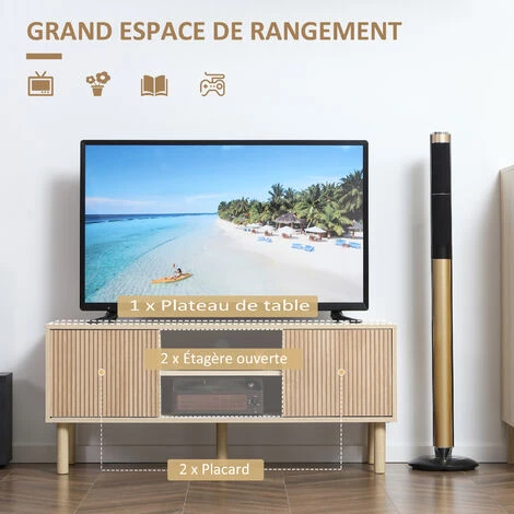 HOMCOM Meuble TV Banc TV Design Urban Craft - 2 Portes Coulissantes, 2 Niches - Piètement Cylindrique - Panneaux Particules Aspect Bois Clair - Beige 6 HOMCOM Meuble TV Banc TV Design Urban Craft - 2 Portes Coulissantes, 2 Niches - Piètement Cylindrique - Panneaux Particules Aspect Bois Clair - Beige – Image 4